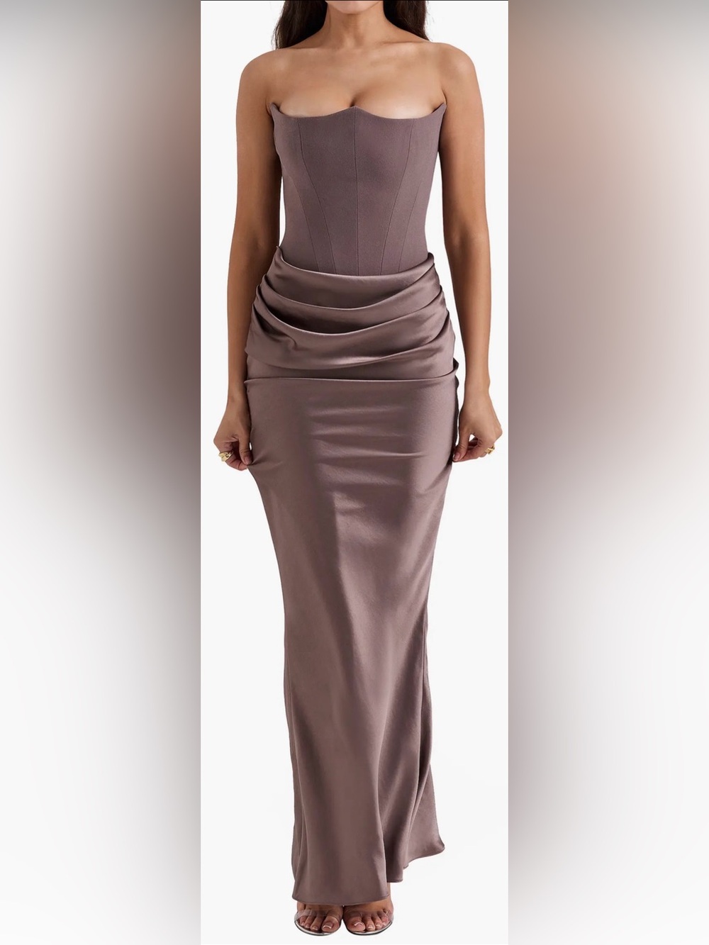 NEW HOUSE OF CB Persephone Strapless pebble gray crepe Evening Dress Sz S
